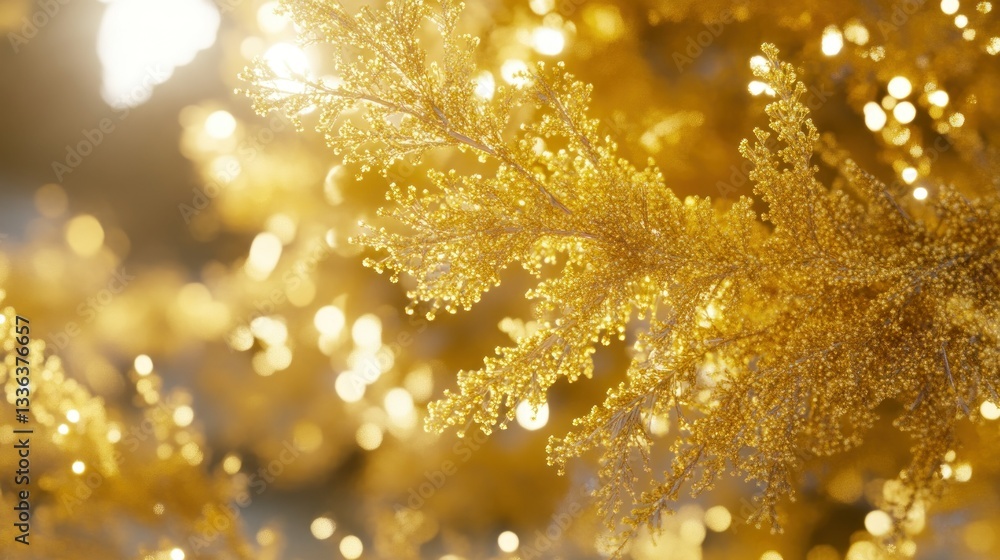 Poster Shimmering golden branches with festive lights create a soft blurred background