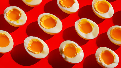 A close up of poached eggs on a red background. The eggs are cut in half and have a yellow yolk. The eggs are arranged in a way that creates a sense of depth and texture.
