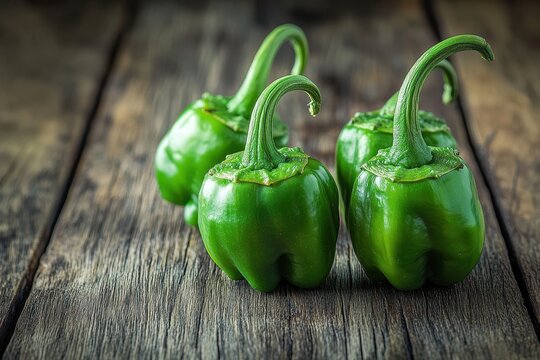 Four fresh green bell peppers on rustic wooden surface.
