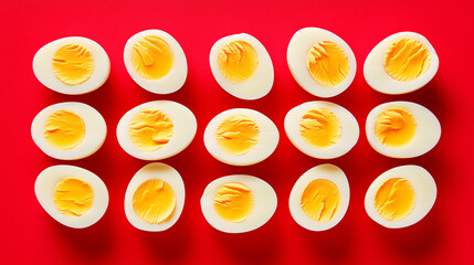 A close up of a red background with a pattern of eggs on it. The eggs are cut in half and have a yellow yolk. The eggs are arranged in a way that creates a sense of depth and texture.