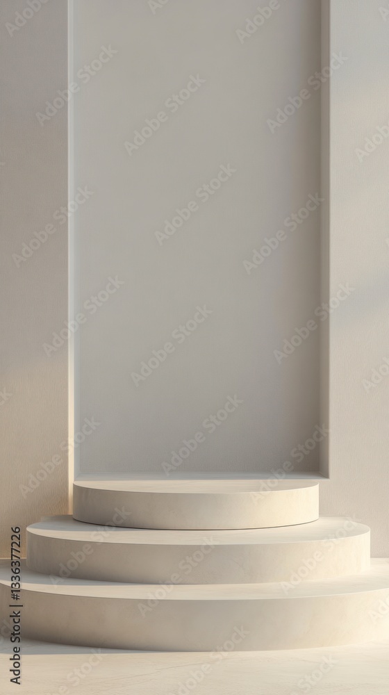 Poster minimalist three tier display platform with light and shadow for product presentation