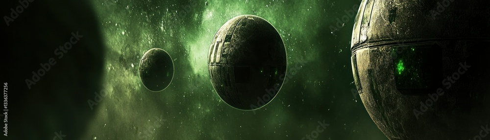 Poster Three Spherical Objects Floating Against A Green Space Background
