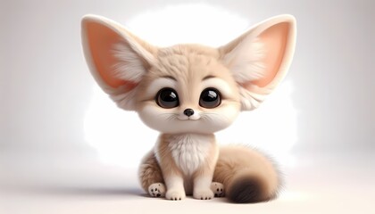 Adorable 3D-rendered baby fennec fox sitting with big sparkling eyes