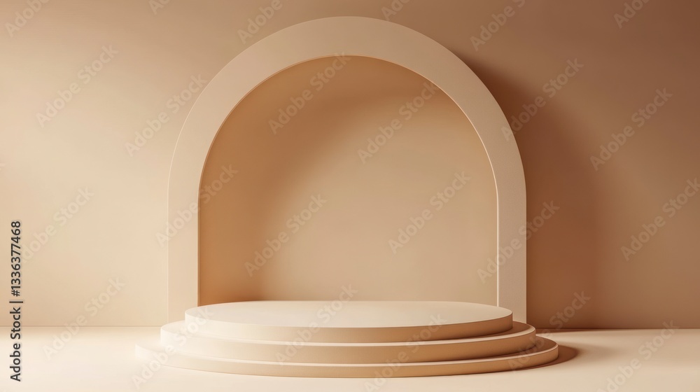 Poster minimalist beige display podium platform with arch background and three steps