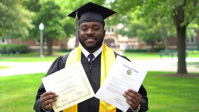 A proud black graduate stands on a sunny street, holding a diploma and a certificate in his hands. It is obvious that they are happy celebrating this important milestone in their lives.