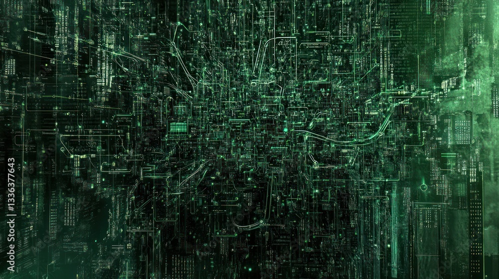 Aufkleber Green illuminated abstract representation of a complex technological circuit