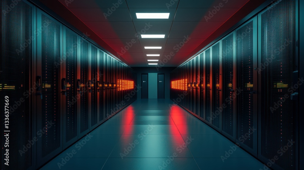 Poster Data center hallway with server racks in a modern design