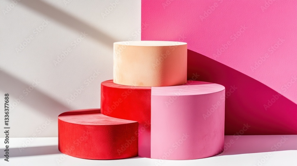 Poster three colorful stacked cylindrical shapes are featured in the image