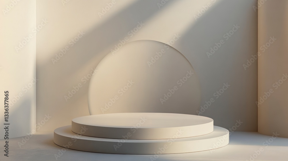 Poster elegant beige product display platform with circle cutout and soft lighting