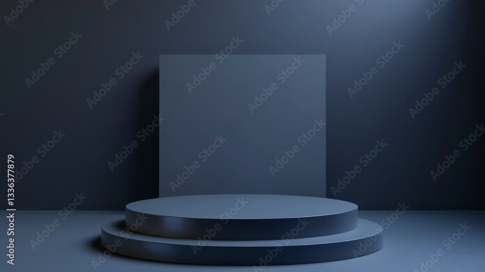 Poster minimalist studio with round podium and square backdrop in gray