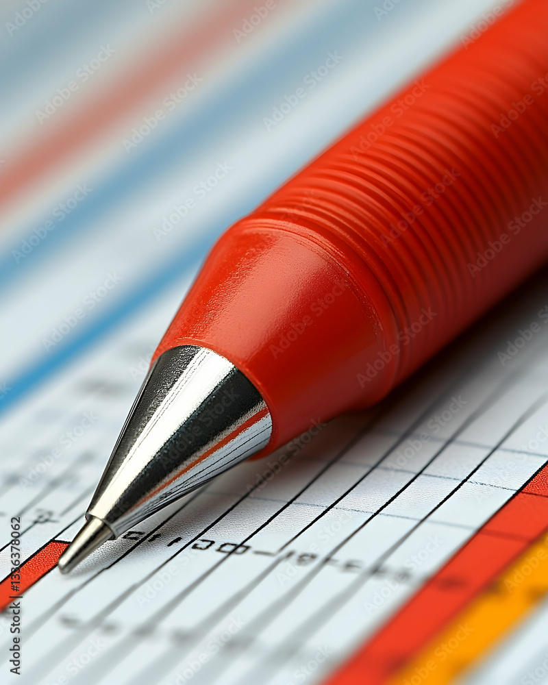 Poster close-up of a red pencil resting on a detailed chart or graph. focus is on the pencil's tip and the 