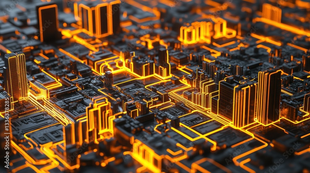 Poster an illuminated abstract urban cityscape rendered digitally with vibrant glowing lines
