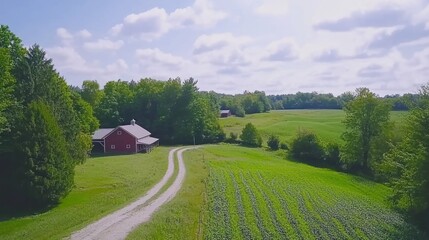 A red barn is situated next to a country road in summer