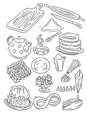 Easter cakes baking tea dishes easter holiday tea party set hand drawn cartoon style clipart flour cooking cooking confectionery cream