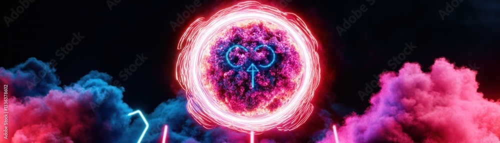 Poster a glowing celestial portal with clouds and neon lighting elements