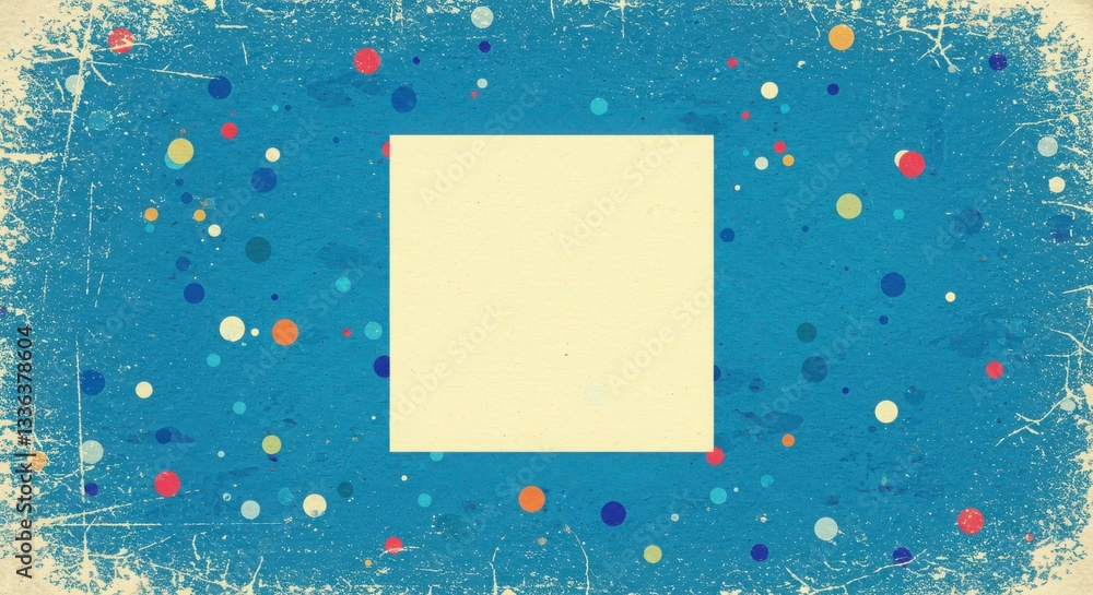 Poster abstract blue background with white square and colorful dots