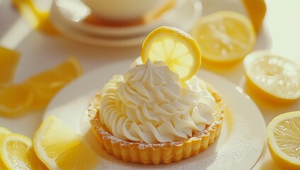 Delicate lemon tart topped with whipped cream, garnished with lemon slices