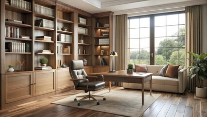 Fototapeta premium Serene Home Office with Luxurious Wooden Bookcases, Comfortable Seating, and a Large Window Offering a View of Lush Greenery