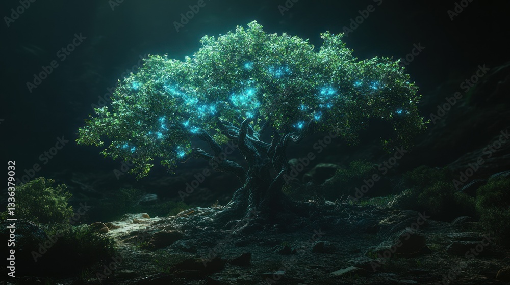 Poster a beautiful tree displaying glowing blue lights in the forest