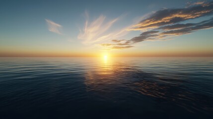 Fototapeta premium Breathtaking Golden Sunset Illuminates Vast Tranquil Ocean Under a Clear Sky
