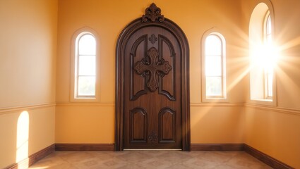 A warm ornate door adorned with a large intricate design


