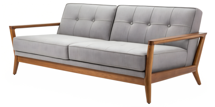 mid century modern grey sofa with wooden frame isolated on white background png