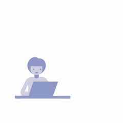 A simple illustration of a smiling person using a laptop in soft blue tones
