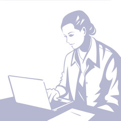 A minimalist illustration of a woman working on a laptop, showcasing a focused and professional demeanor