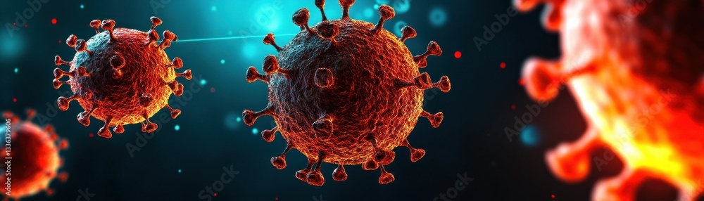 Poster Rendered depiction showcasing several of the microscopic viruses floating in space