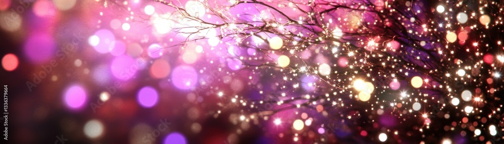 Poster Colorful bokeh lights illuminate a tree branch against a dark background