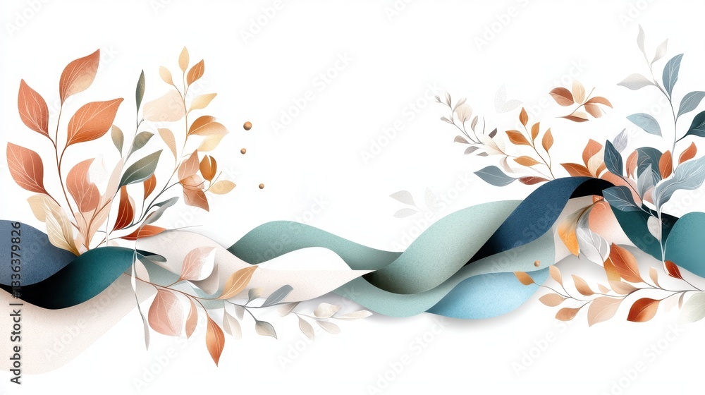 Poster abstract botanical illustration with elegant branches and flowing ribbons in soft tones and gentle b