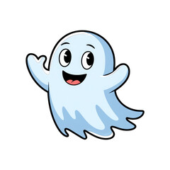 A Cheerful, Friendly Ghost Playfully Waves Hello, A Lighthearted Cartoon Character Design With Bold Outlines And Pastel Blue Coloring Isolated on Transparent Background