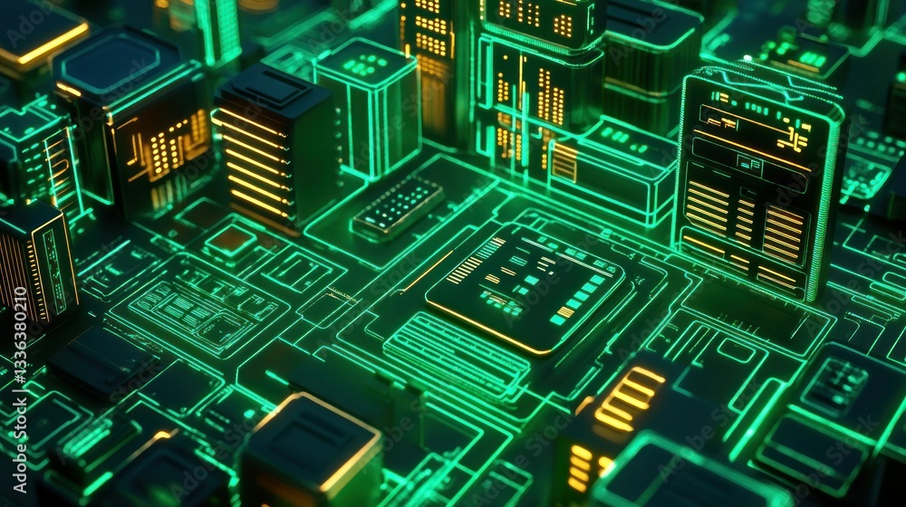 Poster Futuristic digital representation of a complex circuit board layout structure
