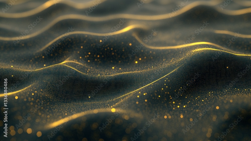 Poster abstract dark wavy background with golden glowing particles and lines