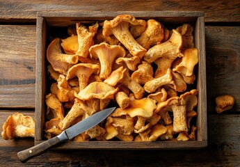 Fresh chanterelle mushrooms in a wooden box with a knife.