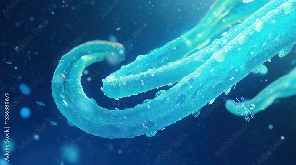 Poster an artistic microscopic representation of a biological or organic structure