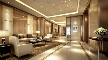 A Luxurious Lobby Interior With Comfortable Seating And Beautiful Decorations