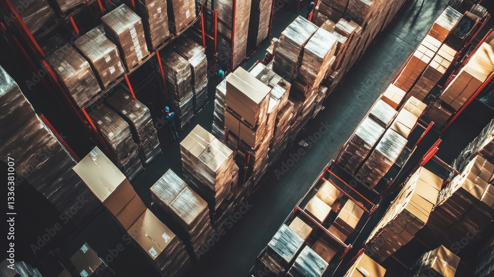 Poster overhead view displays packed boxes in a warehouse environment