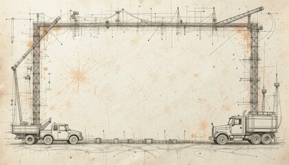 Technical Illustration Construction Vehicles Textured Beige Background - Project Proposals Presentations Engineering Construction Industries