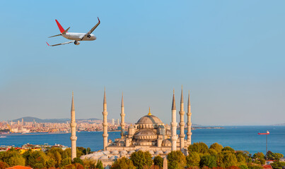 Airplane flying above The Blue Mosque (Sultanahmet) - Istanbul, Turkey