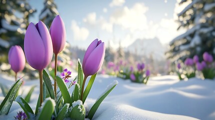 Spring Crocuses bloom in snow, backlit by sun, mountains distant. For winter ads