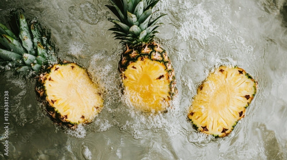 Poster Sliced pineapples submerged in flowing clear water creating ripples