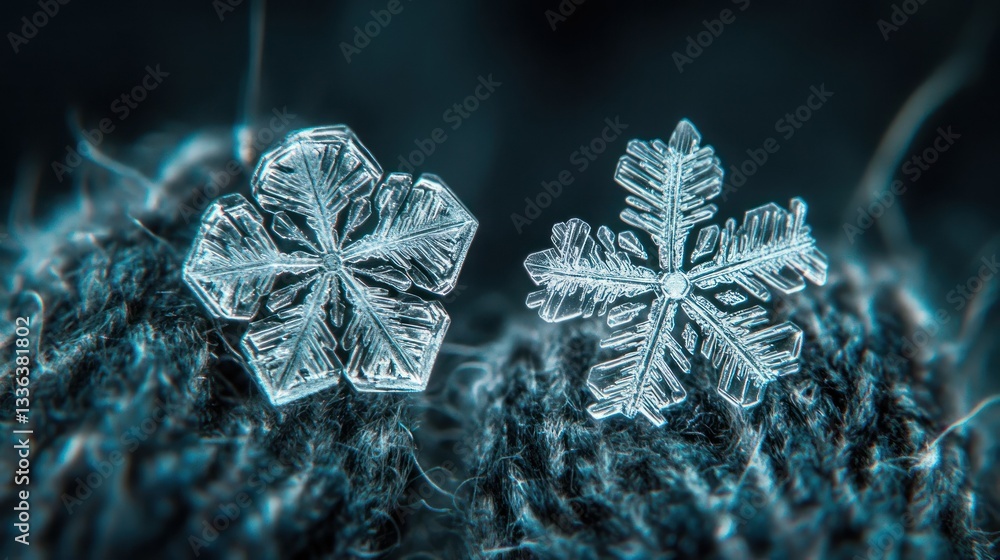 Poster two delicate snowflakes resting on a textured woven surface appear