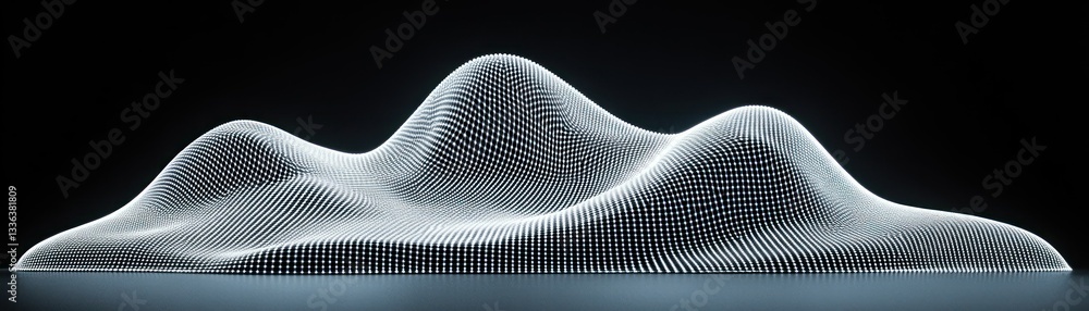 Poster a digital render depicting a landscape made of tiny white dots