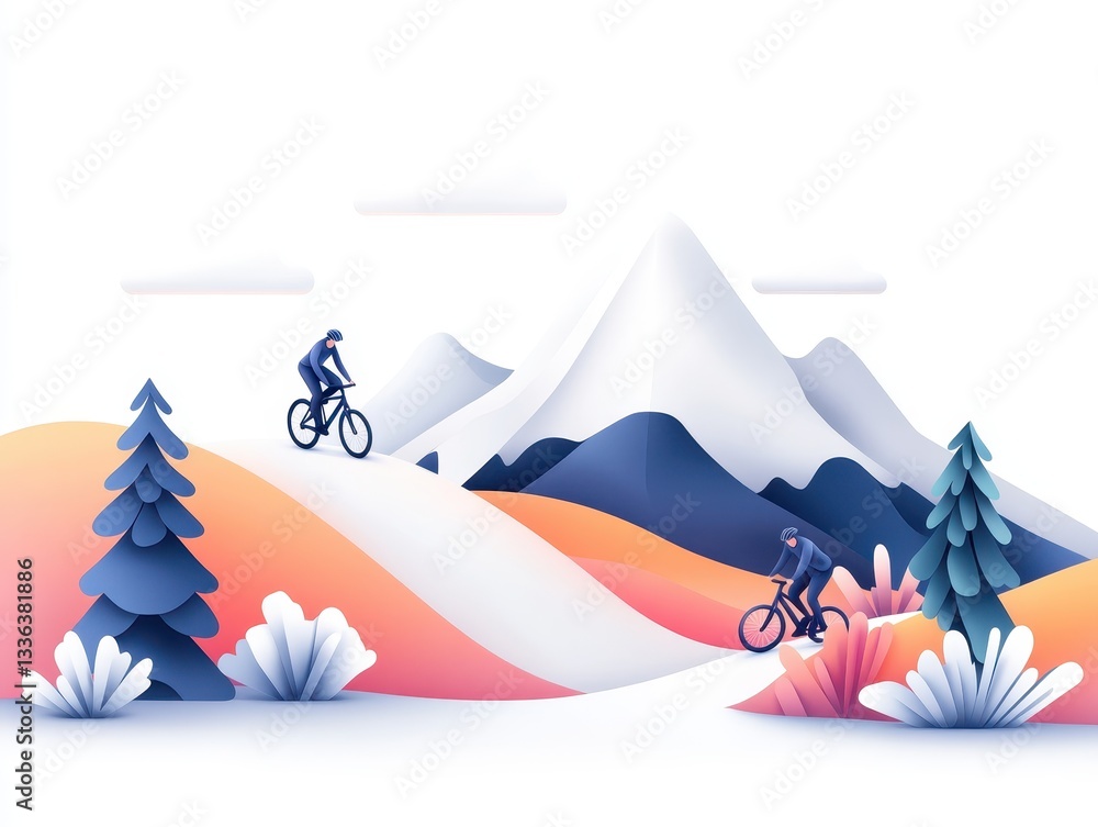 Poster two cyclists navigating colorful hills with mountains in the background