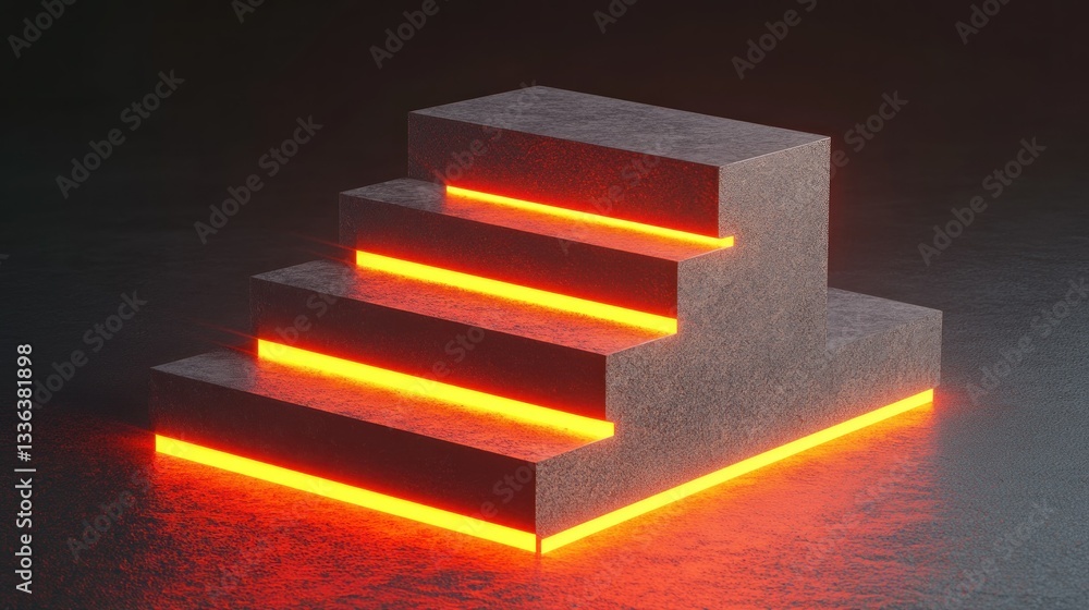 Poster an illuminated staircase with vibrant orange glowing lines beneath steps