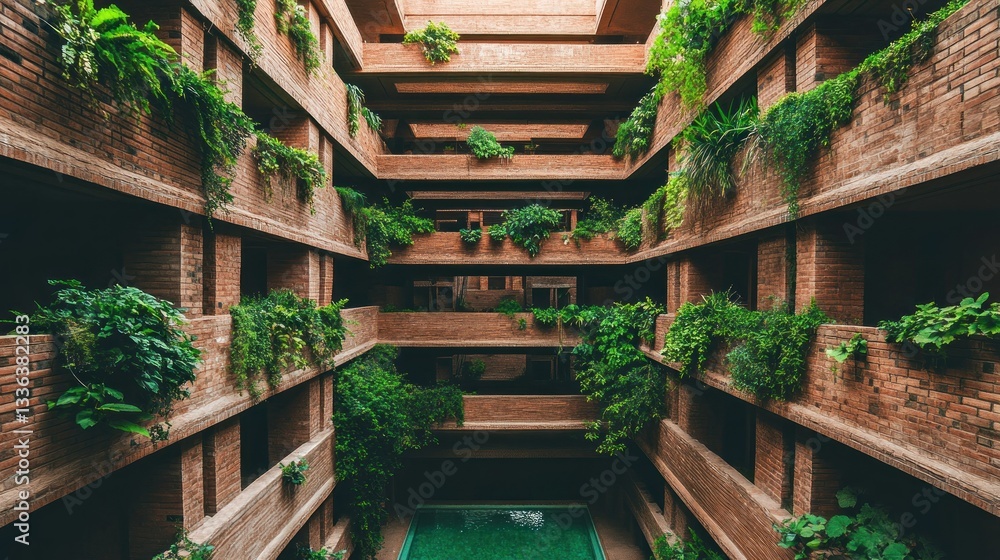 Poster a large building with numerous balconies and lush greenery