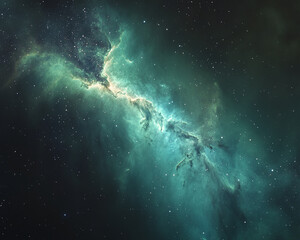 Fototapeta premium Teal nebula cosmic cloud, speckled with white stars, dark background, ethereal, mysterious space scene, perfect for a calming backdrop