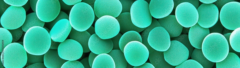 Poster Many teal colored flat circular objects are packed closely together