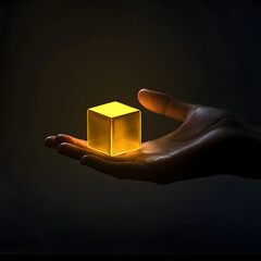 A hand holding a cube that is lit up